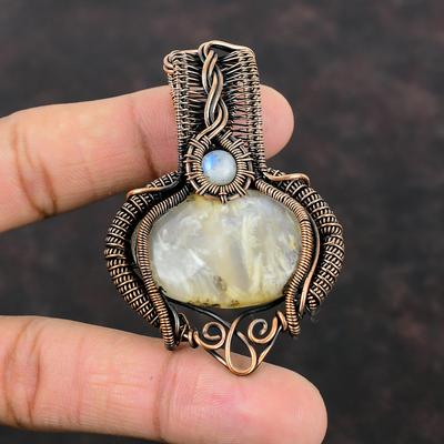 Plume Agate Pendant Copper Wire Wrapped Pendant Rainbow Moonstone Pendant Copper Jewelry Handmade Pendant Real Gemstone Jewelry Gift For Her