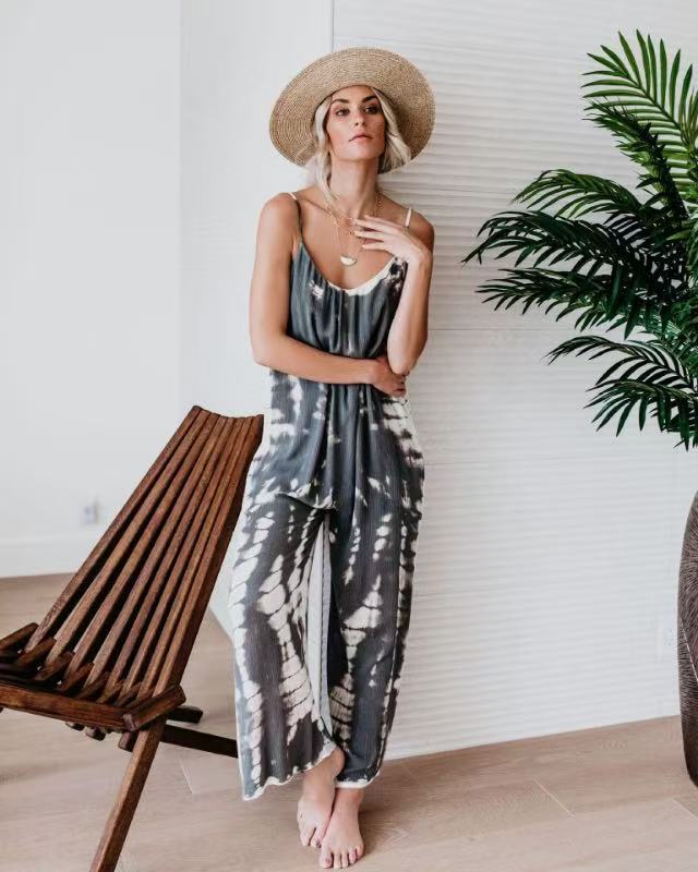Russia, Europe and the United States wish Amazon 2025 new women's clothing suspender sexy wide-leg print jumpsuit women