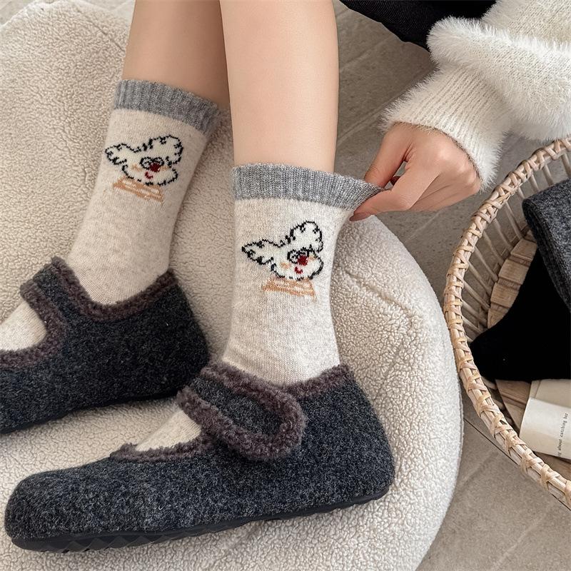 Sloppy Little Dog ~ Winter Thick Wool Socks for Women, Warm, Cute Cartoon, Soft and Comfortable Mid-calf Women's Trendy Socks