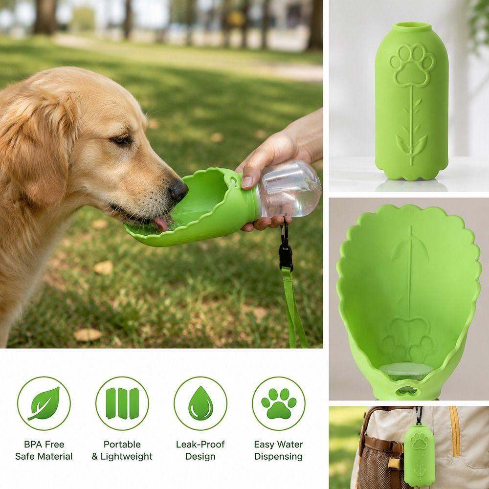 Portable Silicone Dog Outdoor Water Bowl Leaf Design Soft Bowl Dog Water Cup Sleeve Paw Print Pet Water Feeder Bottle Connector