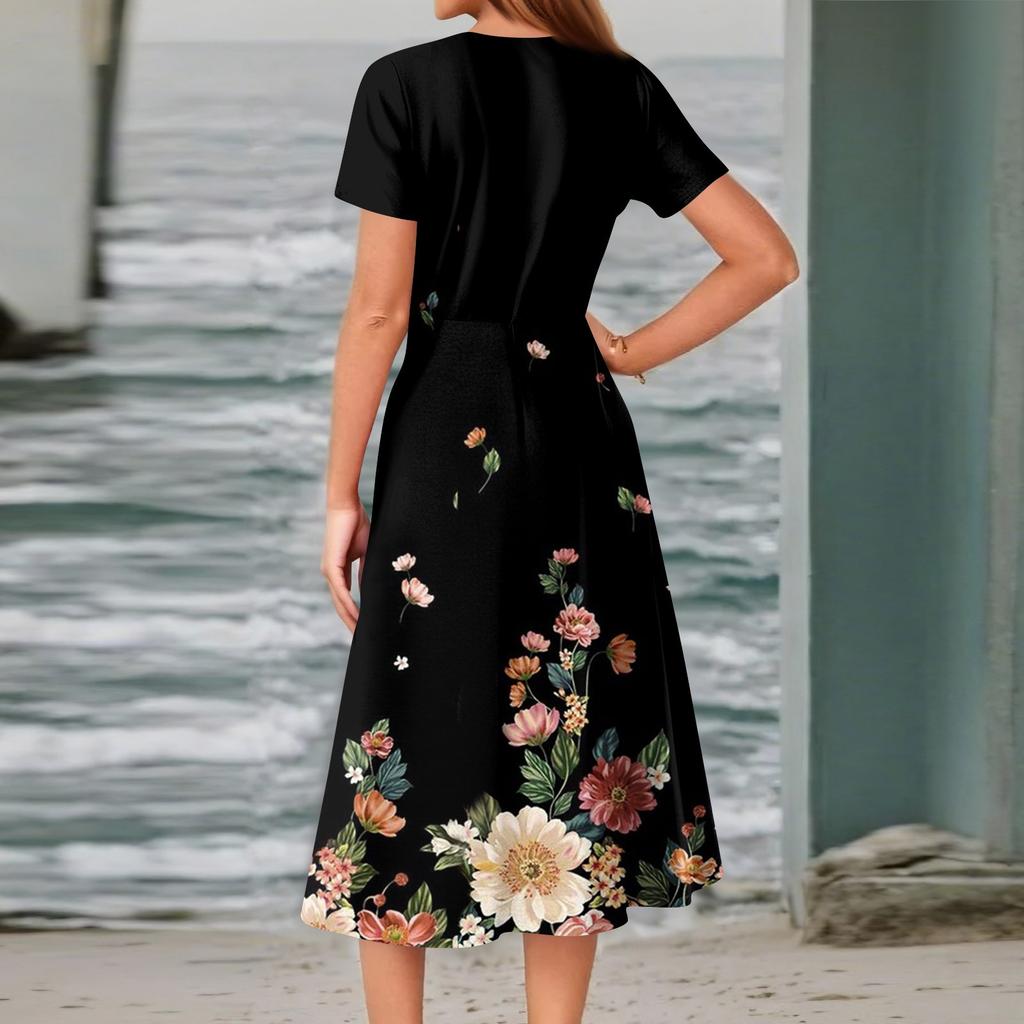 Women's Summer Casual Fashion Print Pocket Short Sleeve V-Neck Swing Dress