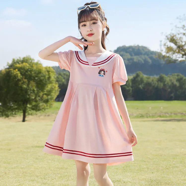 Navy Collar Girls' Summer Dress - Stylish Loose-fit Princess Dress for Medium & Large Children