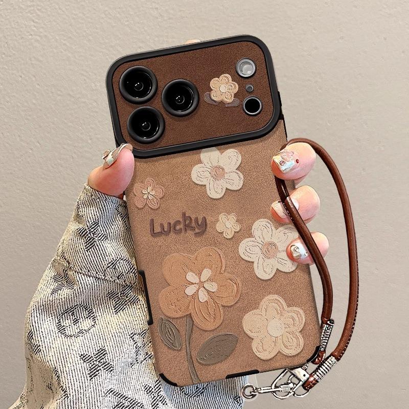 

Retro Flower Phone Case For iPhone 13 15 14 16 17 Pro Max Plus 12 11 Wrist Strap Cover Shockproof Funda Back Cover iPhone 15 Pro Max
