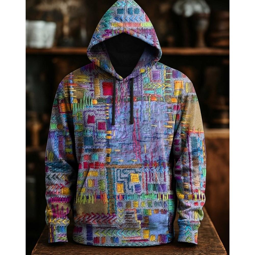 Men's Multicolor Art Print Hoodie, Irregular Graphic Pullover, Urban Streetwear Style, Fall Winter Comfort Wear