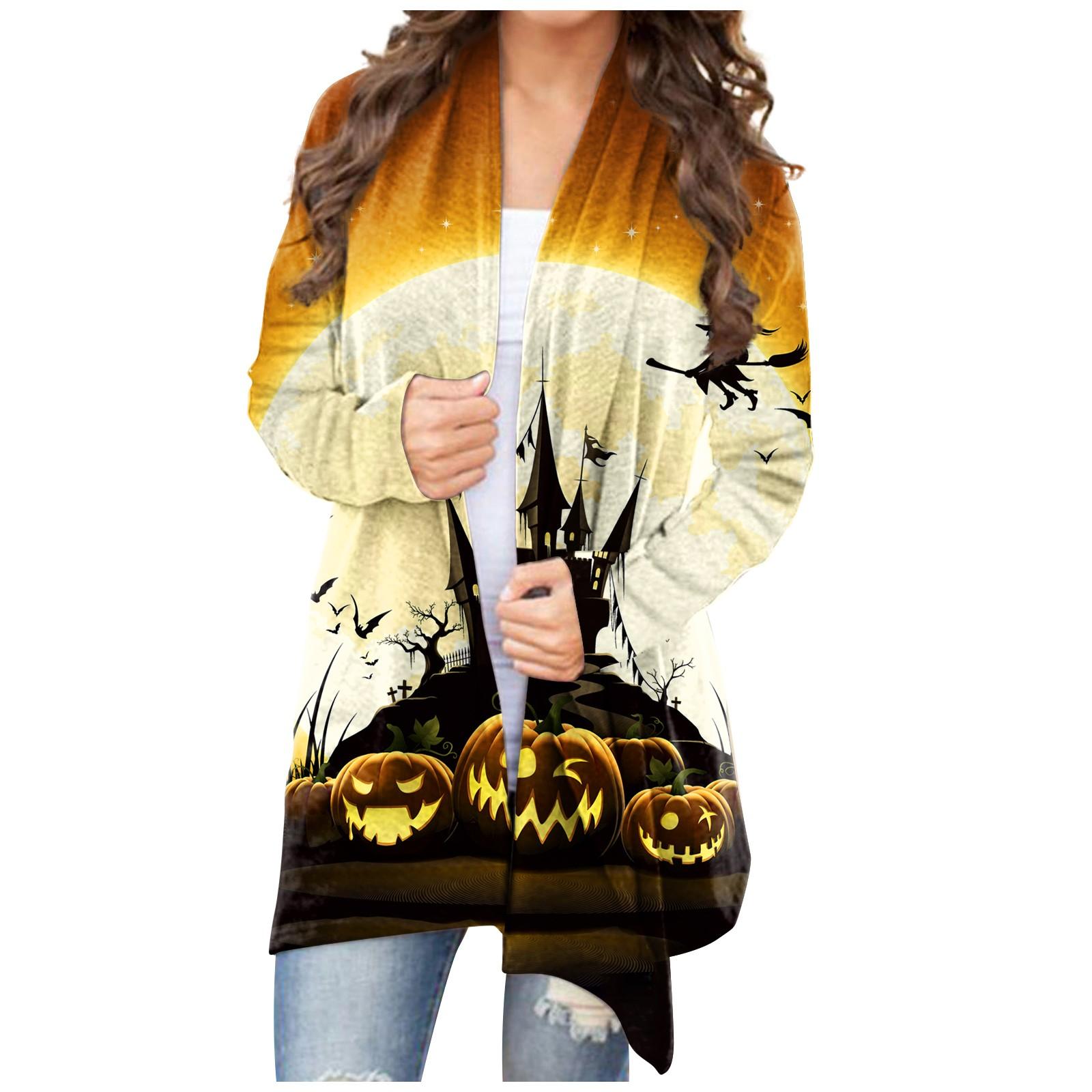 

Женский кардиган, свободное повседневное верхнее пальто с карманами и длинными рукавами с принтом Хэллоуина XL золотой