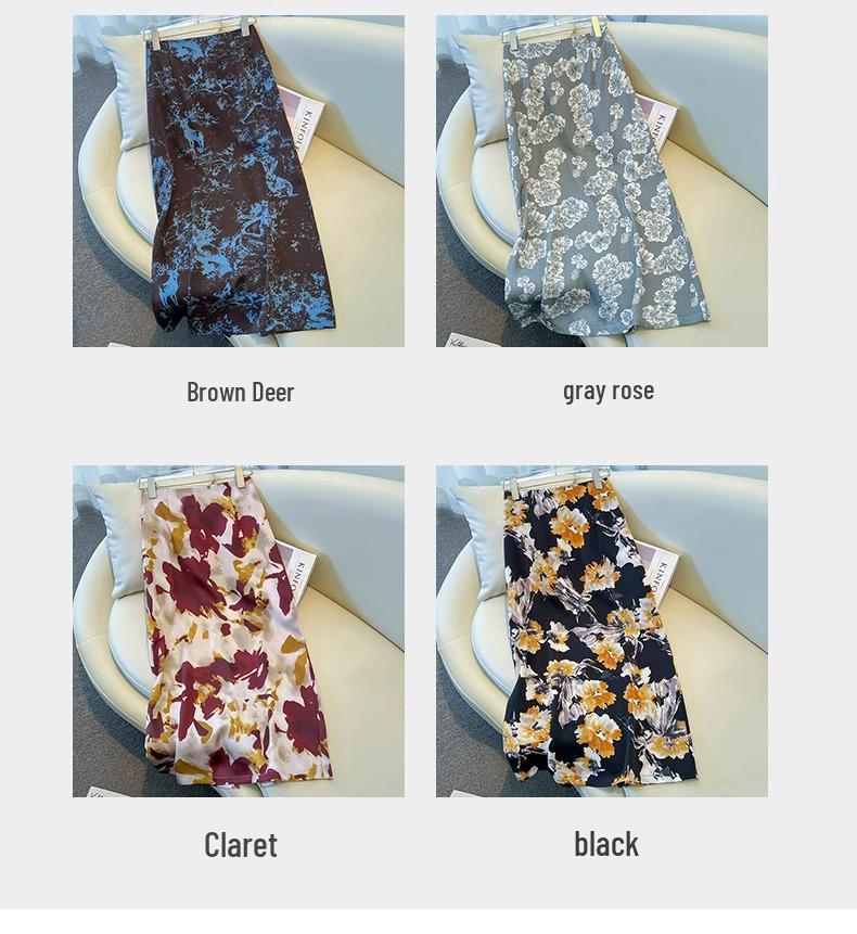 2025 Women's High-Waisted Satin Floral Midi Skirt - Summer A-Line Pencil Design