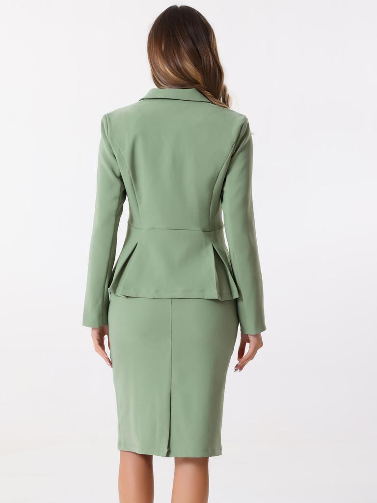 Allegra K Women's Two-Piece Business Blazer and Pencil Skirt Set with Long Sleeves, Notch Lapel, and Peplum, Pea Green, Size XL