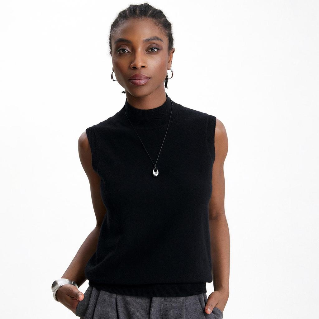 Lekasha Women's Cashmere Half-High Neck Solid Pullover Knit Vest Tank Top