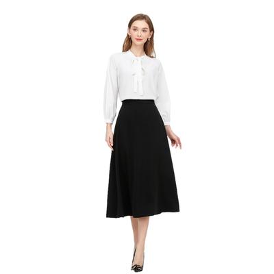 VOZZA Ausgestellter Rock mit Elastischem Kreis Midi Uni Größen Schwarz Damen Midi-Länge Taille, A-Linie, Unter dem Knie, Hoher Bund, Rock, Länge, Gefüttert,