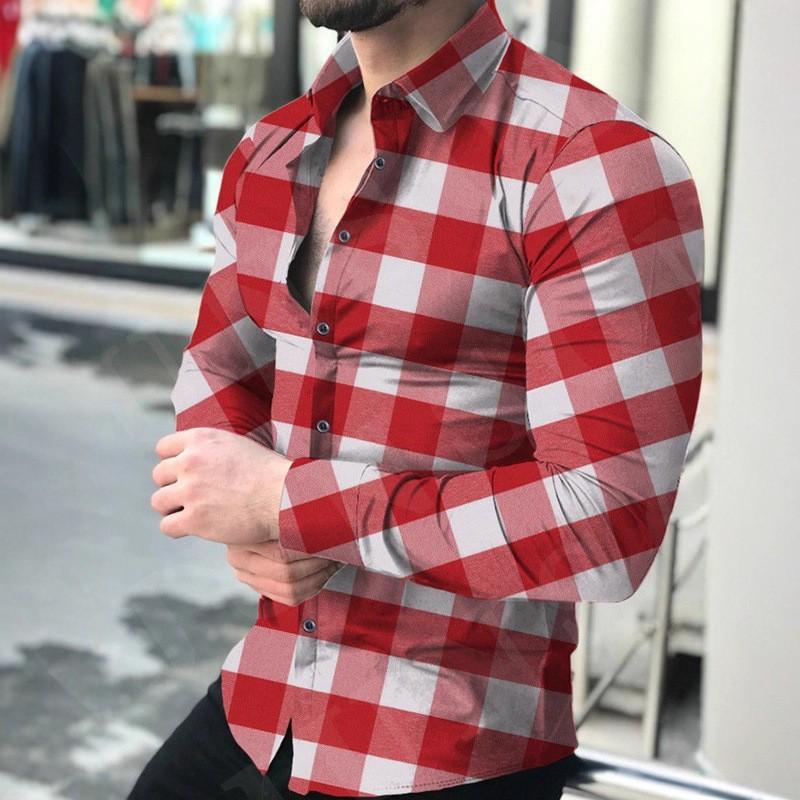Flip Collar Casual Slim Fit Long Sleeved Checkered Digital Printed Shirt for Men, Long Sleeved Casual Shirt