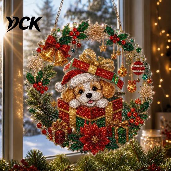 Christmas Window Decorations Faux Diamond Art Ornament, DIY Santa Claus Sun Catcher Kit, Rhinestone Acrylic Hanging Ornaments Xmas Wreath Ornament