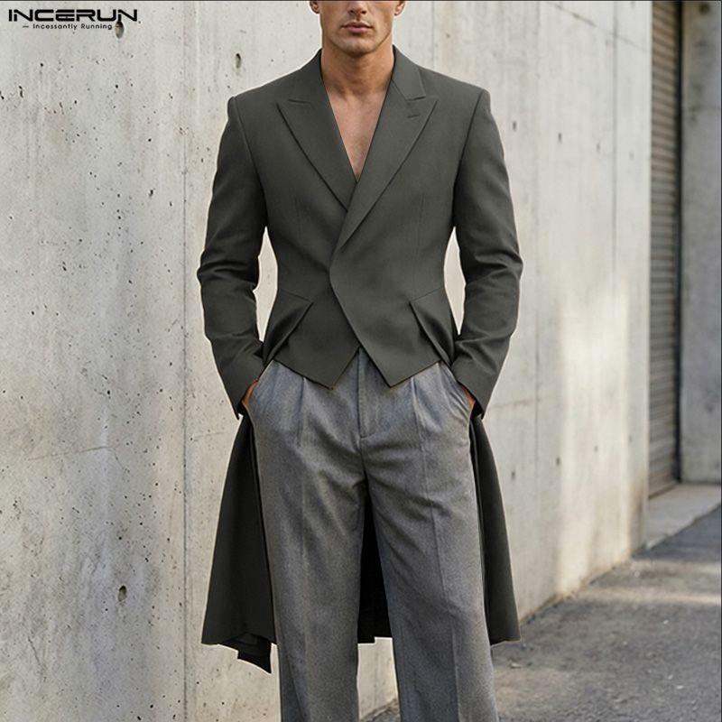 INCERUN Men Turn-down Collar Long Sleeve Irregular High Low Splits Ruffled Thin Blazer Coats