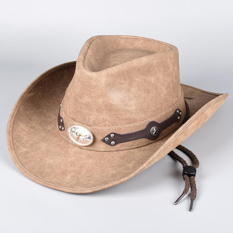 Classic Western Men's Cowboy Hat Women Cowgirl Cap Faux Leather Black Outdoor Gentleman Sombrero Hombre With Windproof Rope