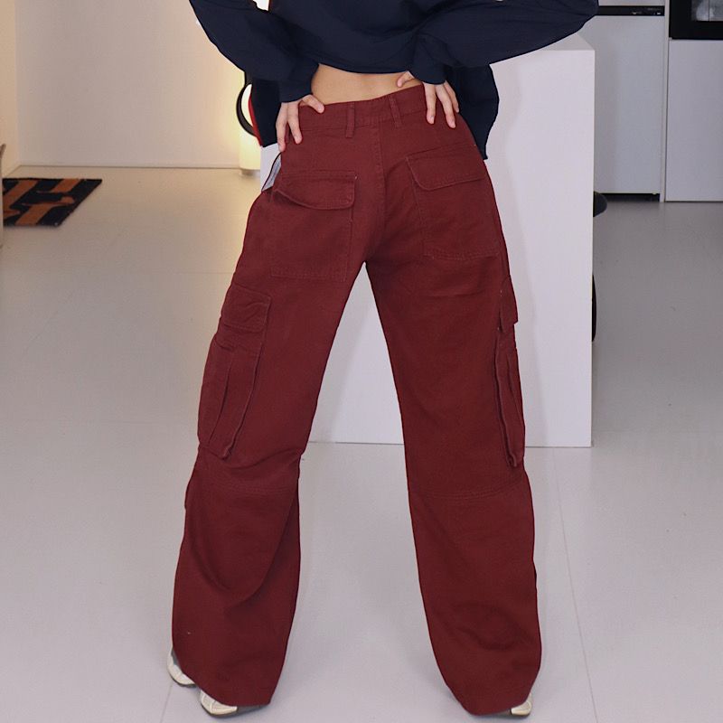 [American] Vintage Multi-pockets Patchwork Loose Cargo Gyaru Straight Wide-Leg Pants