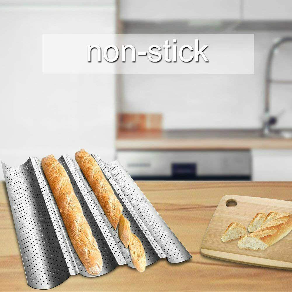 Silver Baguette Baking Tray,French Bread pan Carbon Steel,Food Grade Non-Stick Coating Perforated French Stick Loaf Baking Pan Baguette Mold for Baking 3 Loaves Wave Baker