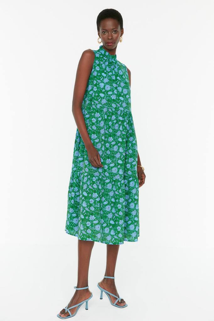 Women's Fashion Casual Sleeveless Midi Emerald Green Straight Cut High Collar Midi Woven Woven Dress