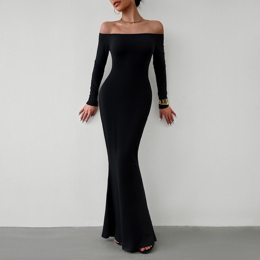 Dámské podzimní zimní sexy elegantní úzké úzké šaty s dlouhým rukávem bez ramen