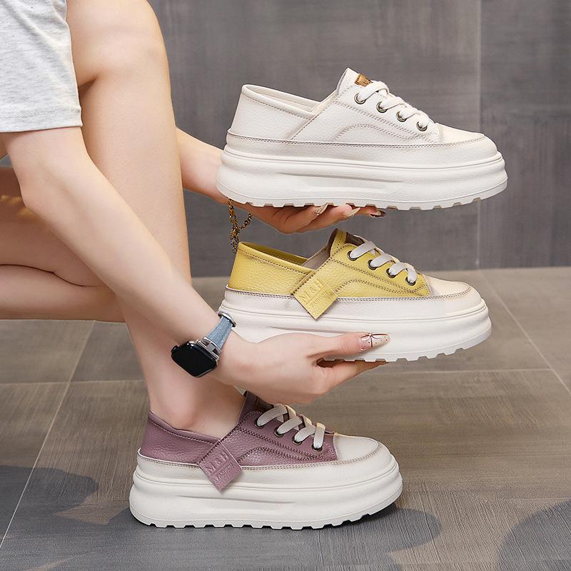 Popular Can Step On Two Thick-soled Sports Board Shoes for Women's 2025 New Spring and Summer Casual Real Soft Leather Little White Shoes Little Whit