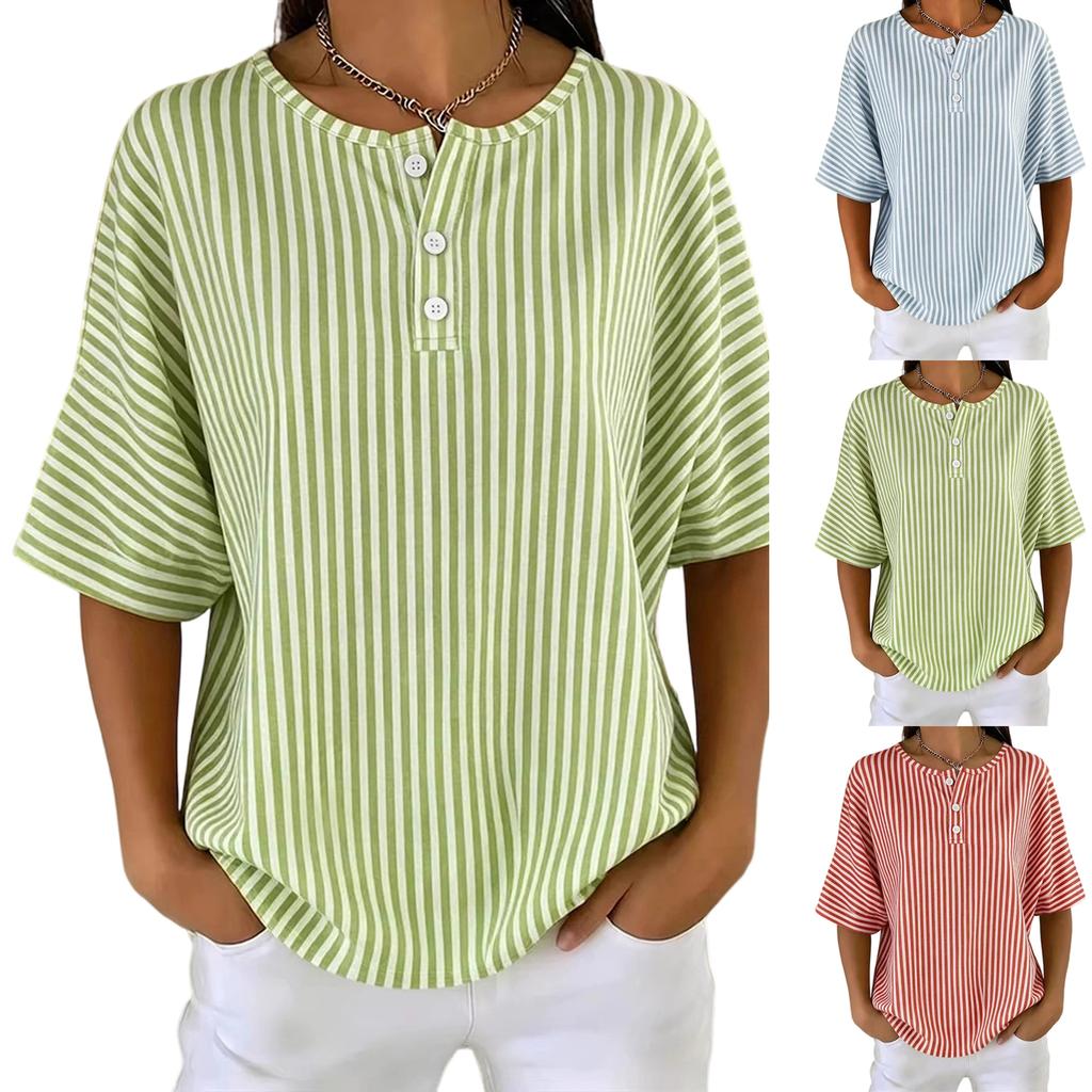 Blusa a righe a maniche corte con scollo rotondo e bottoni sul davanti, top casual ampio per l'uso quotidiano