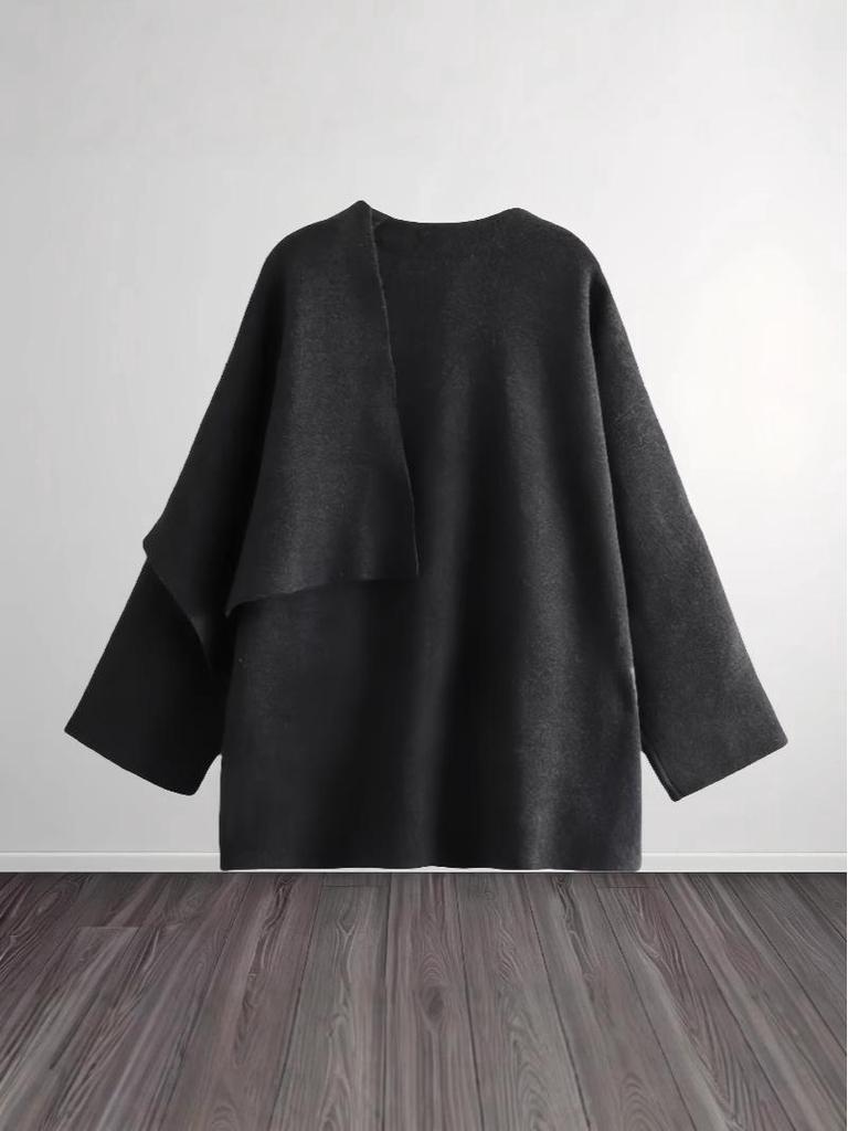 2024 Autumn/Winter Women's Asymmetrical Long-sleeve Knitted Scarf Coat - European/American Style, Solid Color, Fashionable Temperament