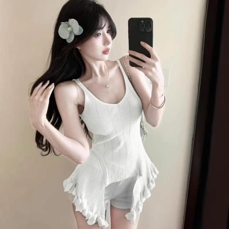 Women s 2026 Ruffled Spaghetti Strap Slim-Fit Irregular Tank Top One Size белый