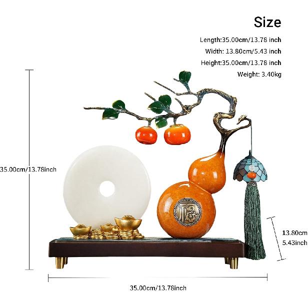 Aris & Juno Chinese Lucky Copper Calabash Statue with Jade Pingan Buckle - 13.7" Feng Shui Decor for Wealth & Fortune