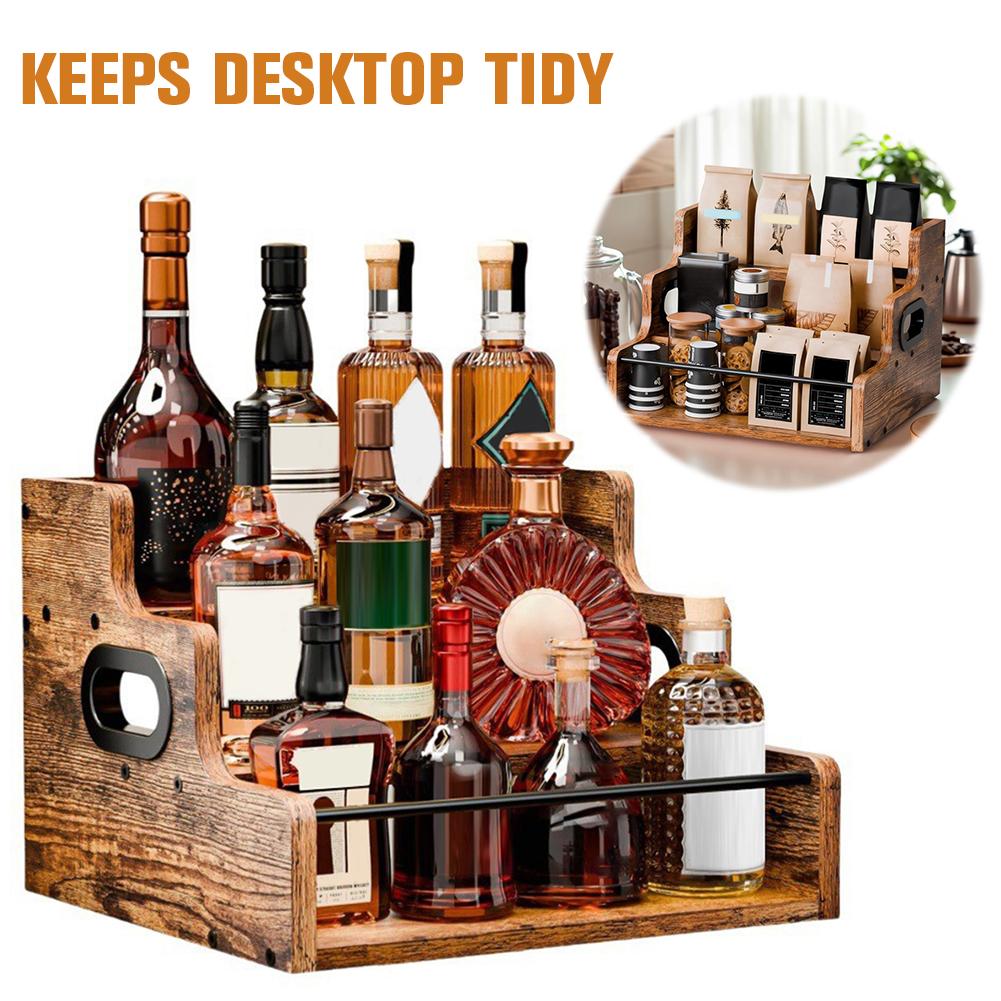 Wooden Liquor Bottle Display Shelf 3Step Coffee Syrup Rack Organizer Large Capacity Coffee Station Organizer for Whiskey Spirits