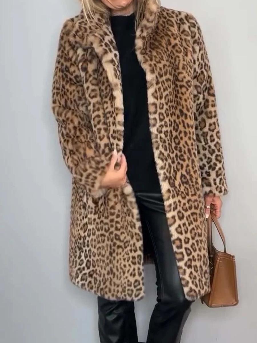 

Зимові Новинки Жіночий Верхній Одяг для Etsy/Shopify - Пальто з Леопардовим Принтом зі Штучного Хутра та Вовни L хакі