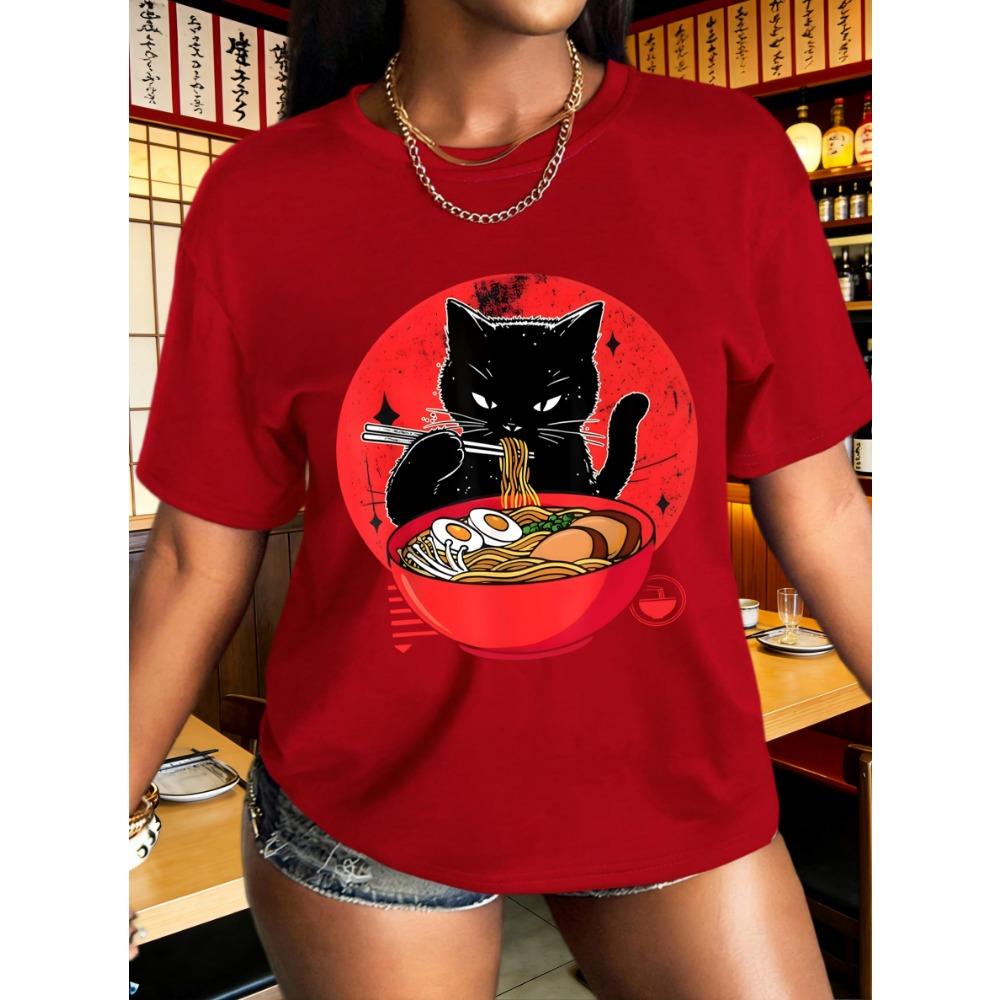 Geniet Van De Kat Van Lamian Noodles Print T-Shirt Dames Zomer Ademend Korte Mouw Hip Hop Kleding Ronde Hals T-Shirt