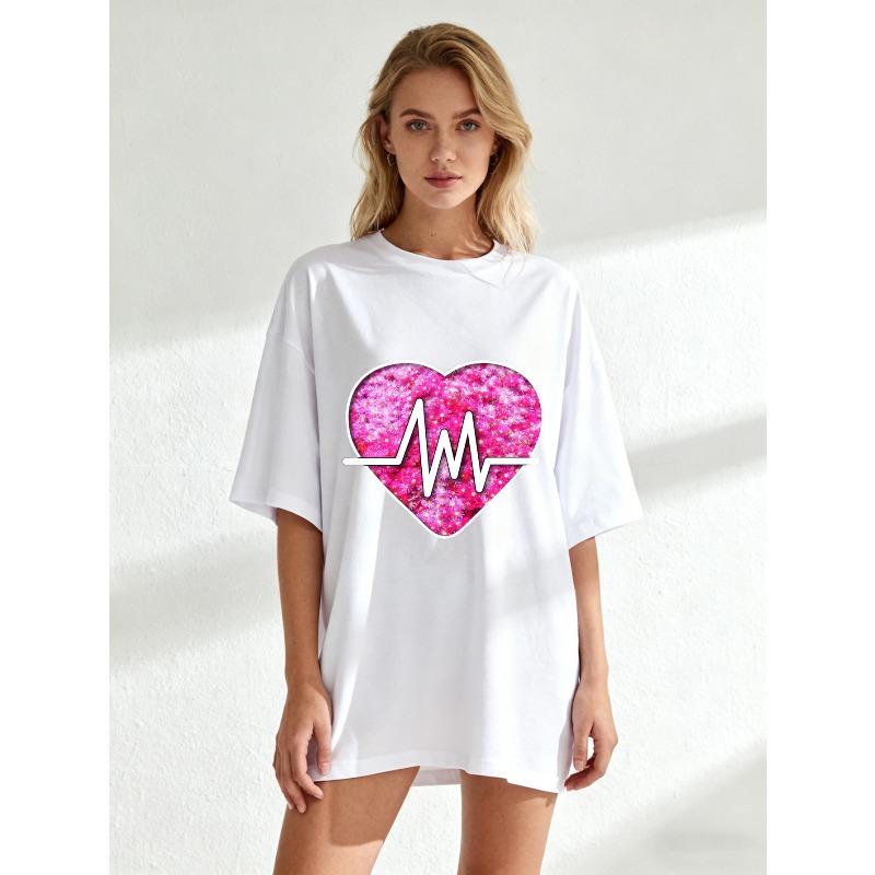 Black Oversized T Shirt With Pink Glitter Heart And Pulse Line Print For Casual Wear