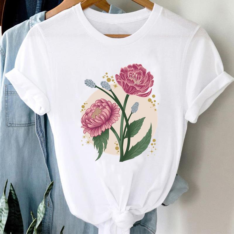 (Asian Size) Printed Clothing Top Fashion feather flower 90s Short Sleeve T-shirts Women Graphic Tee Lady Female Casual T Shirt Tees