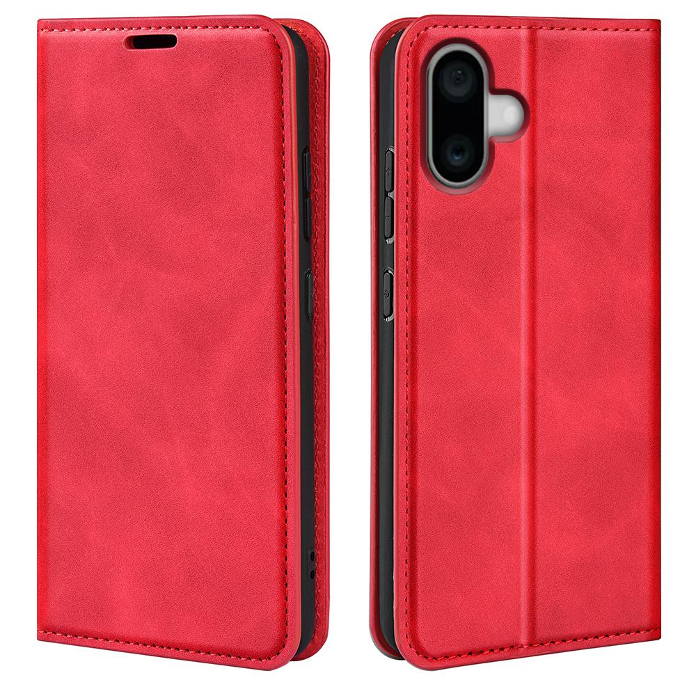 

For iPhone 16 Plus Case Skin-Feel PU Leather Phone Cover Folding Stand Magnetic Absorption Red