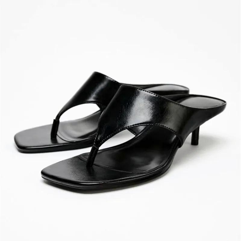 

Fashion Black Soft Leather Flip-flops Women Sexy Square Toe Thin High Heel Slide Sandals Elegant Clip Toe Slippers Summer Beach Shoes 41 чёрный