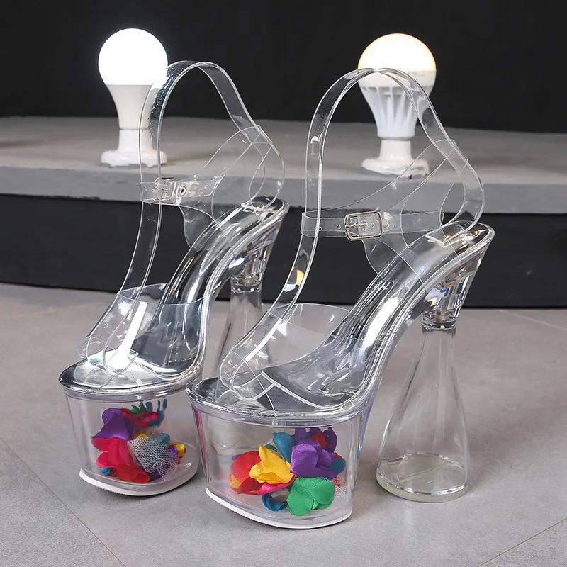 Fashion Summer Slippers for Women Hate Sky High Nightclub Block Heels 18CM Car Model Sandals Transparent Women Catwalk Steel Pipe