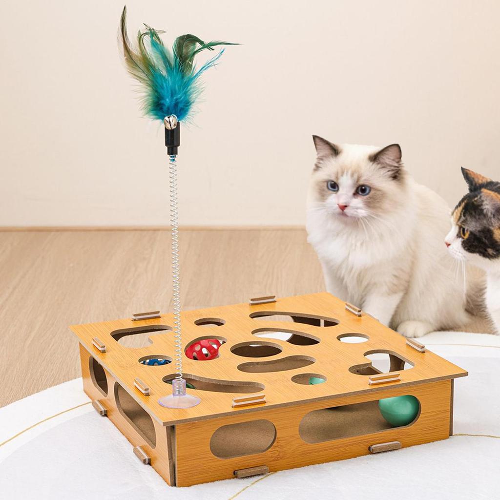 Cat Nail File Enrichment Box Interactive Wooden Scratcher With Balls Cat Toy Box For Indoor Kittens For Boredom Training Living