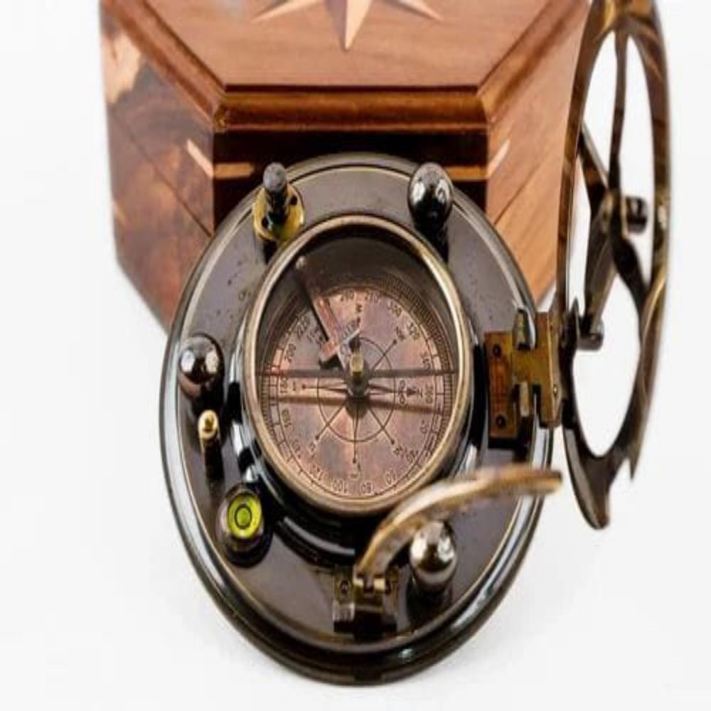 Set Of 2 - Vintage Brass Gilbert Sundial Compass with Wooden Box – Nautical Antique Navigation Compass
