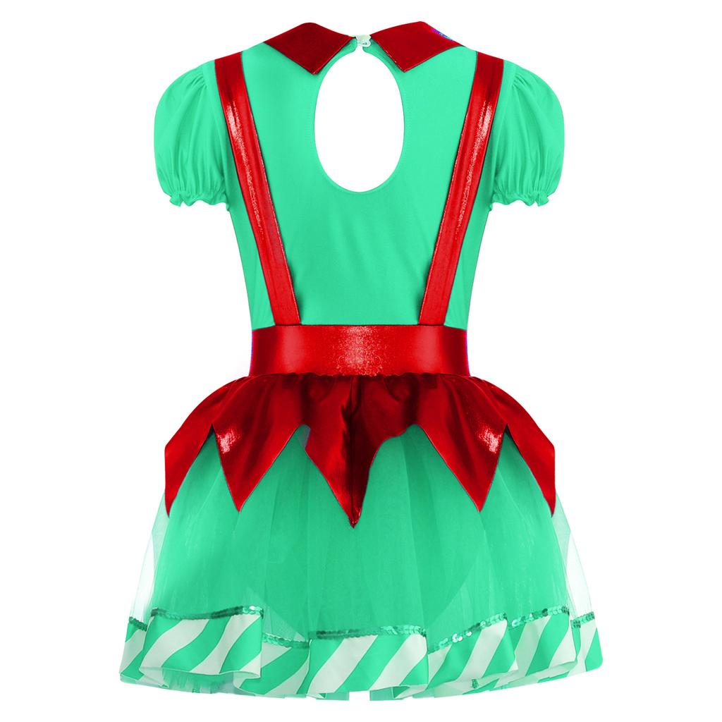 Girls Christmas Tutu Dress Puff Sleeve Hollow Back Bow Stripes Design Suspender Jumpsuit Dance Leotard