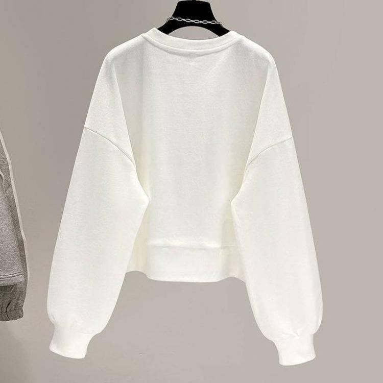 Women Loose Round Neck Long Sleeve Pullover Sweatshirt Top with Zipper Pocket Short