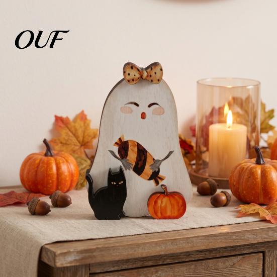 Small Ghost Statues for Shelves Halloween Table Ornament, 2D Wooden Figurine with Cute Tiered Tray Decor Pumpkin/Black Cat/Broom Home Office