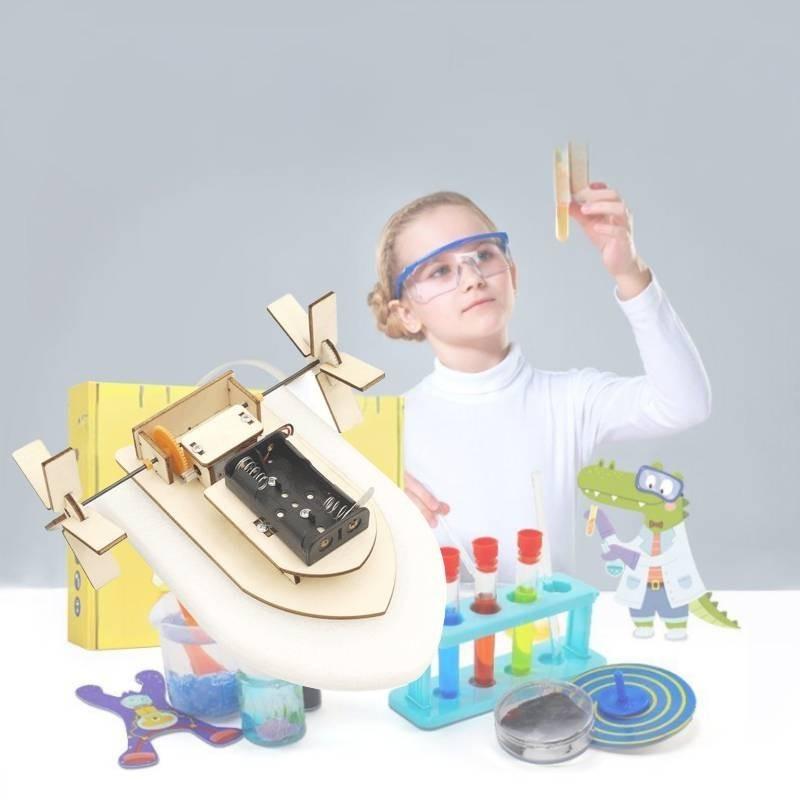 Children's Diy Wooden Science Kit For Building Technology Handmade Steamboat With Light Wheel