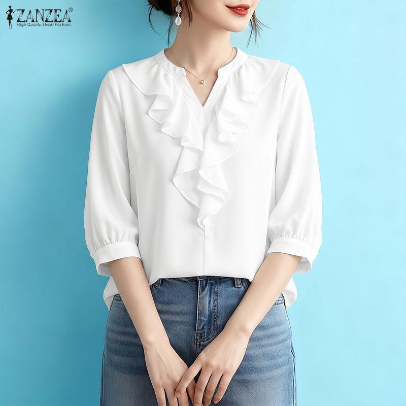 ZANZEA Women Ruffles V-Neck Solid Color Casual 3/4 Sleeve Blouse