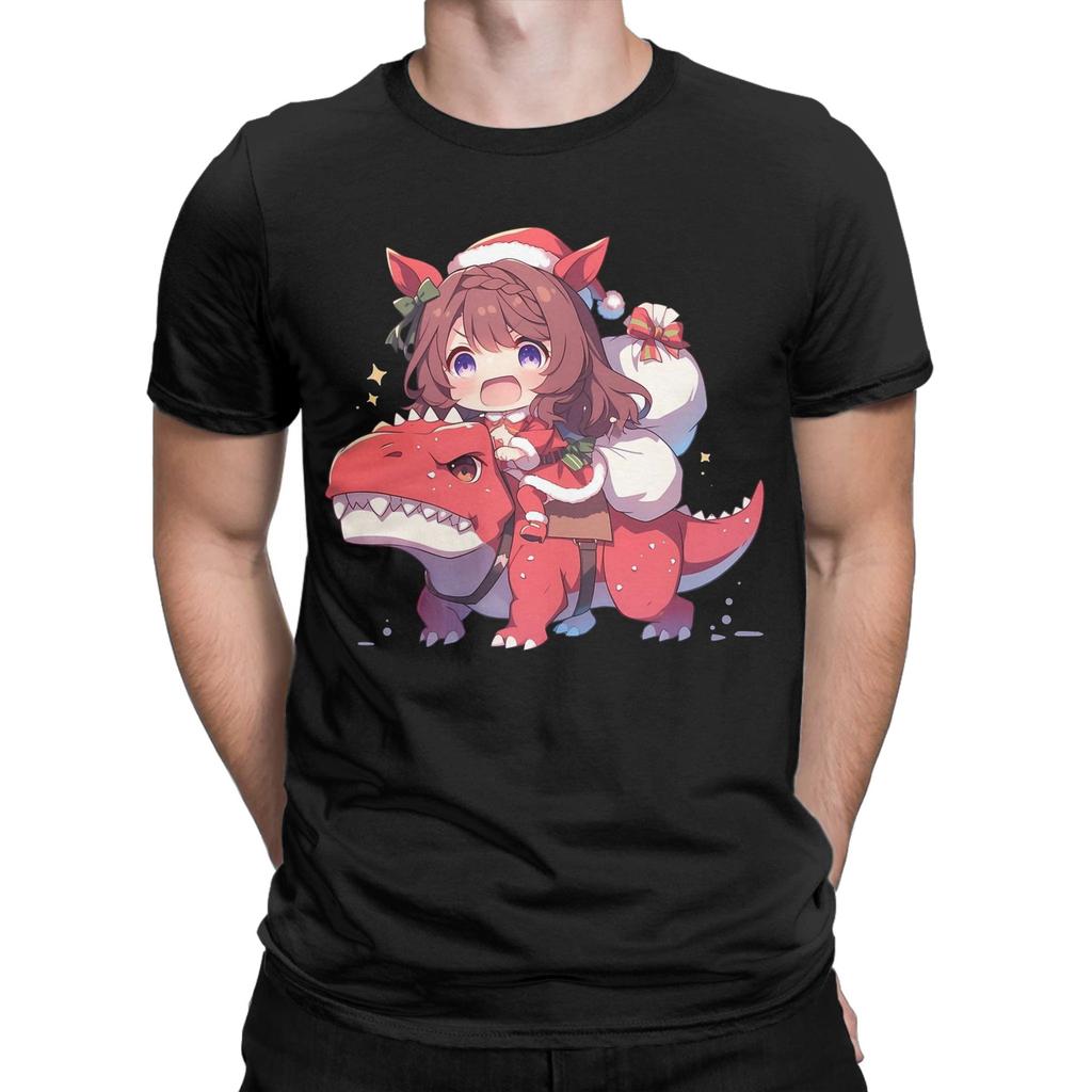 Christmas Super Creek Riding Dinosaur T Shirt Men Pure Cotton T-Shirts Crewneck Uma Musume Tees Short Sleeve Clothes