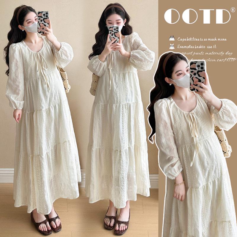 

2026 Spring Maternity Embroidered Long-Sleeve Dress - Age-Reducing, Korean Style, Belly-Covering Long Skirt XL