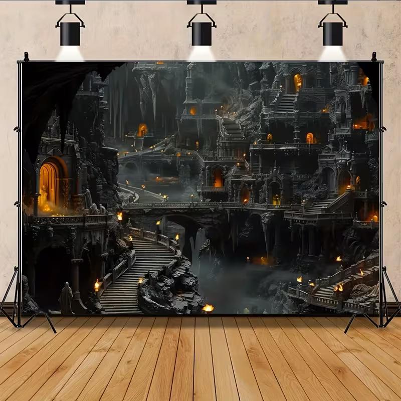 2D Medieval Ruins Cave City Tapestry Dark Gothic Palace Background Cloth