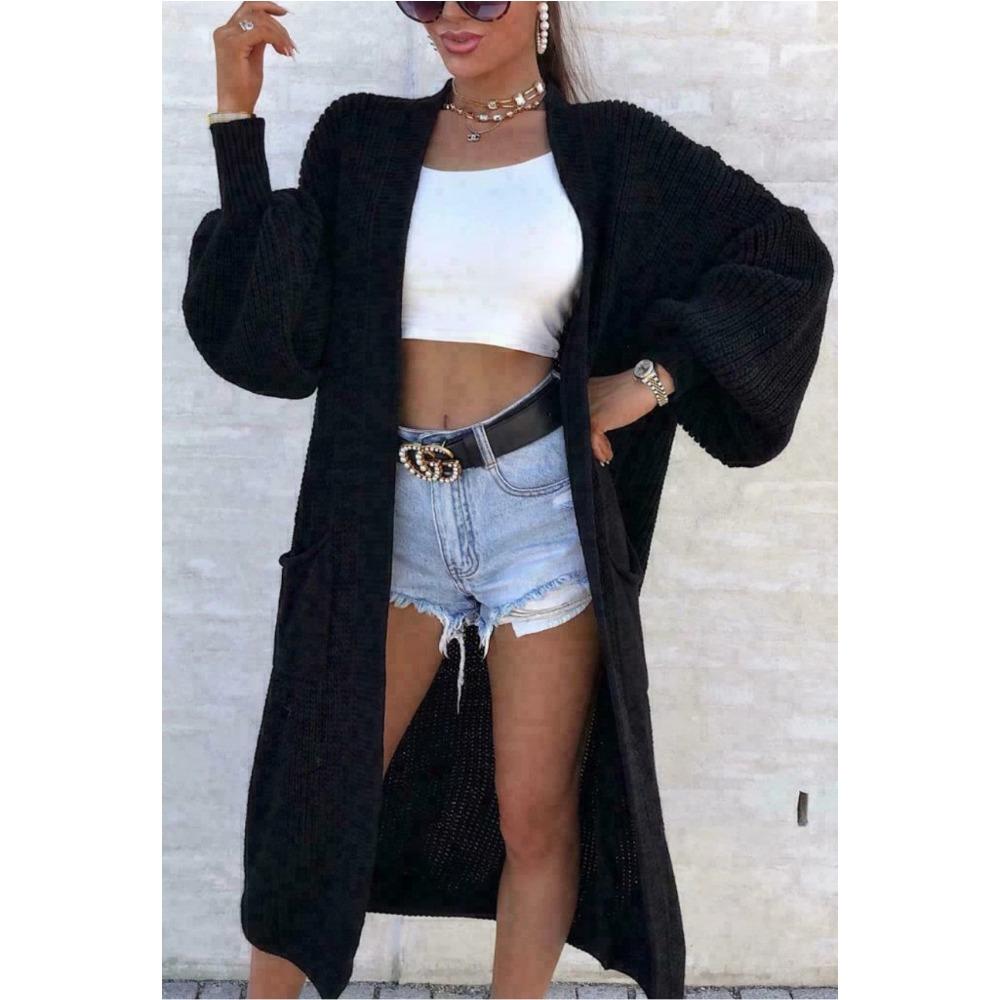 Chun-needle Knitted Sweater for Autumn and Winter Women's Outerwear, Solid Color Large-sized Long Pocket Cardigan Coat