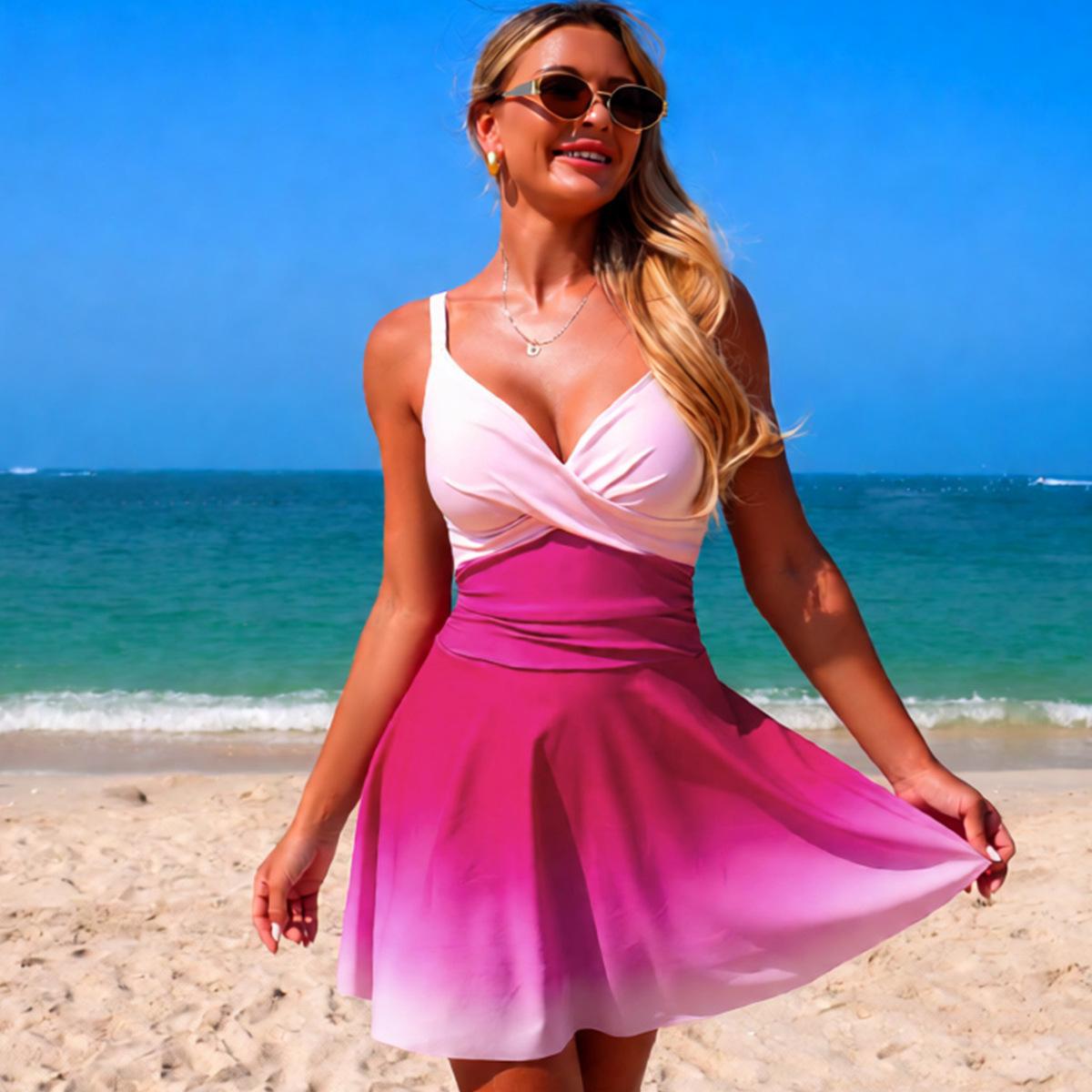 

New European & American Style One-Piece Swimsuit — Women s Sexy Ombré Swim Dress / Bikini 0796 S розовый
