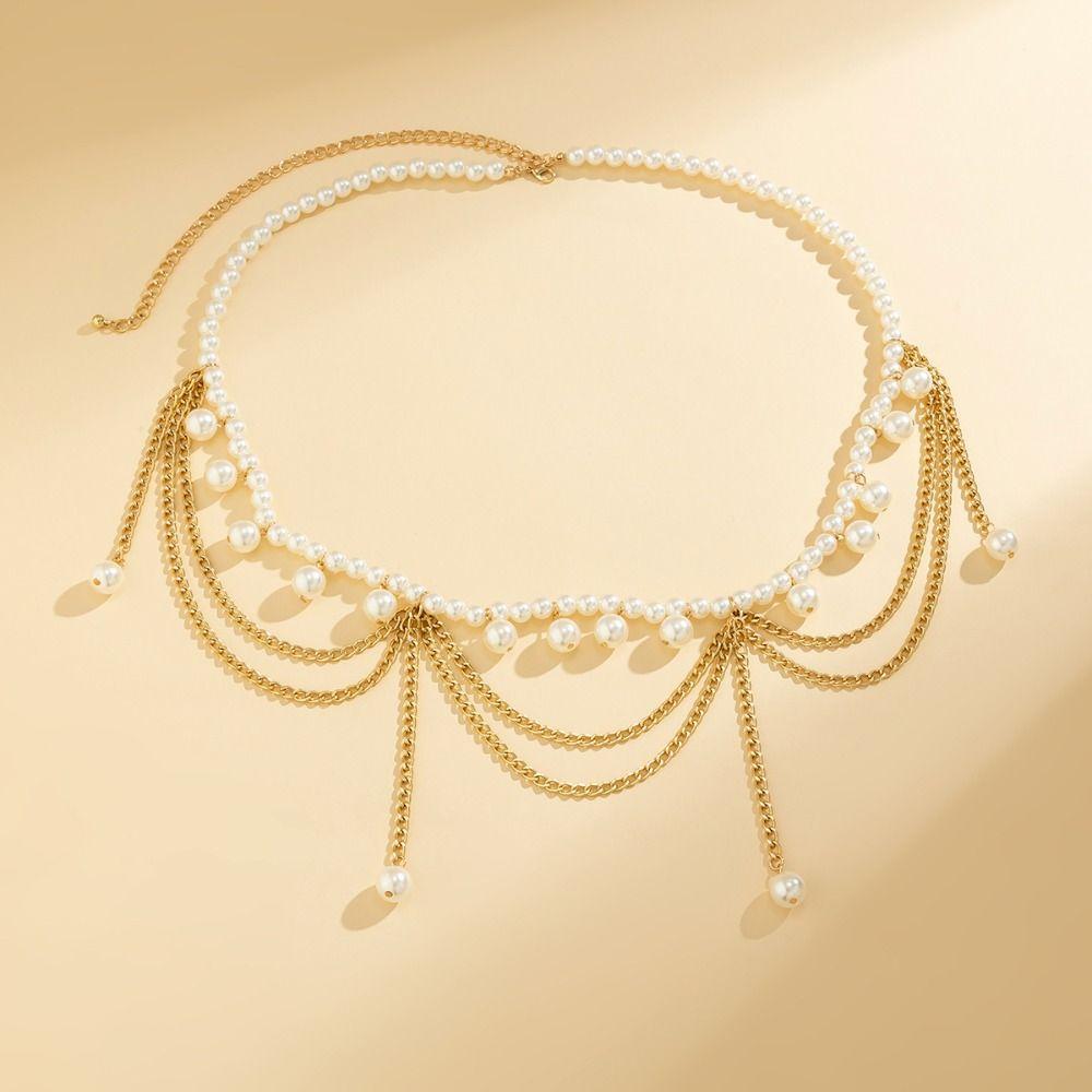 Gold Pearl Tassel Waist Chain Body Jewelry Metal Body Chain Vintage   Dress Accessories