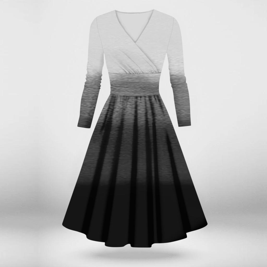 Dámské ležérní a módní sexy šaty s dlouhým rukávem a výstřihem do V s přechodem