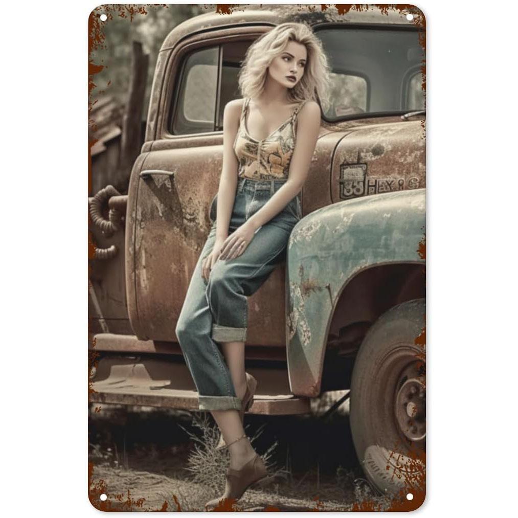 

Pinup Car Girls Metal Tin Signs Plaque Wall Decoration Vintage Art Posters Iron Painting for Man Cave Home Cafe Garden Club B 20x30cm