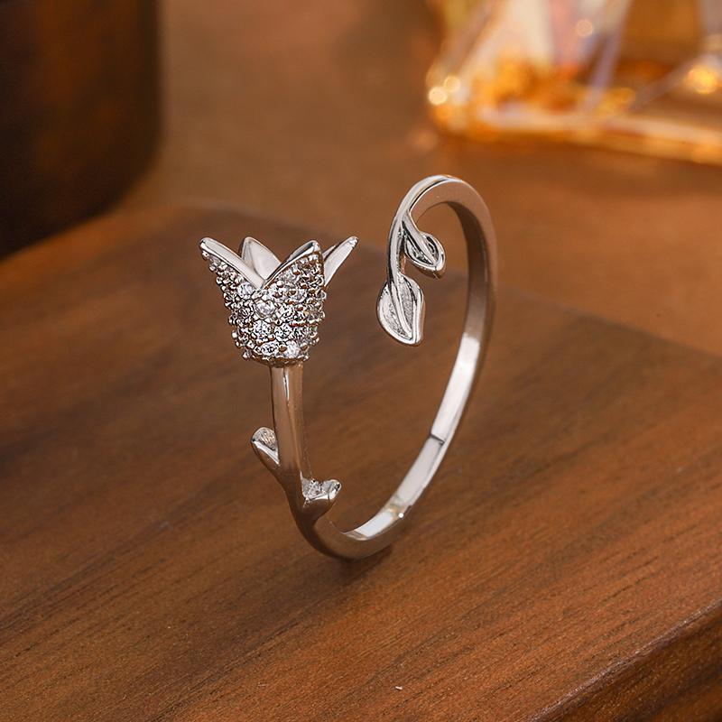 

New Fashion Simple Diamond Inlaid Rose 925 Sterling Silver Jewelry Personalized Flower Opening Rings JZ009 срібний